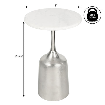 Pip 20.25" Classic Designer Metal Drink Table and Decorative End Table with White Marble Round Top and Bell Pedestal Base